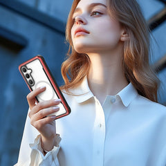 A person in a white shirt gazes upwards, holding a Samsung Galaxy S25, encased in a Raptic SHIELD case, celebrated for its sleek design and military-grade drop protection.