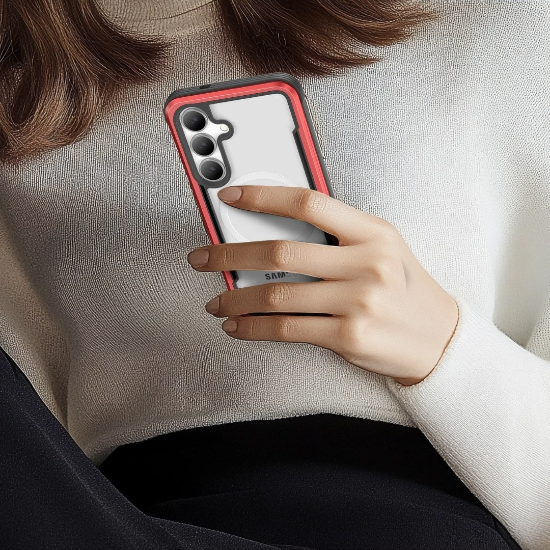 A person in a white sweater holds a smartphone with a red Samsung Galaxy S25 Case - SHIELD from Raptic, featuring military-grade drop protection and housing a triple camera setup for style and durability.