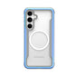 The Raptic Samsung Galaxy S25 Case - SHIELD, with a blue-bordered transparent design, reveals a white magnetic ring and three camera cutouts while offering military-grade drop protection and Antimicrobial Treatment for sturdiness and hygiene.