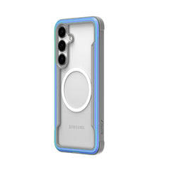 The Samsung Galaxy S25, encased in a gray and blue Raptic SHIELD case, features three rear cameras and a circular design. The case offers military-grade drop protection for enhanced durability.