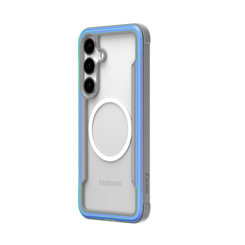 The Samsung Galaxy S25, encased in a gray and blue Raptic SHIELD case, features three rear cameras and a circular design. The case offers military-grade drop protection for enhanced durability.