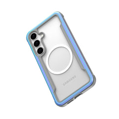 The Raptic Samsung Galaxy S25 SHIELD case boasts a clear design with blue accents, a circular magnetic ring, three camera cutouts, military-grade drop protection, and antimicrobial treatment for added safety and hygiene.