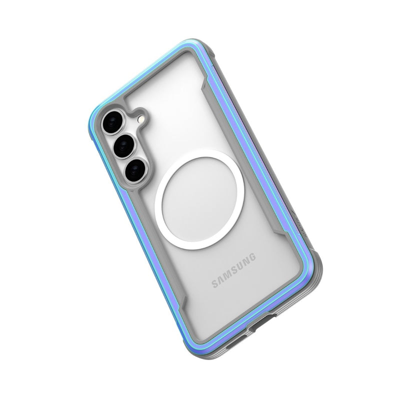 The Raptic Samsung Galaxy S25 SHIELD case boasts a clear design with blue accents, a circular magnetic ring, three camera cutouts, military-grade drop protection, and antimicrobial treatment for added safety and hygiene.