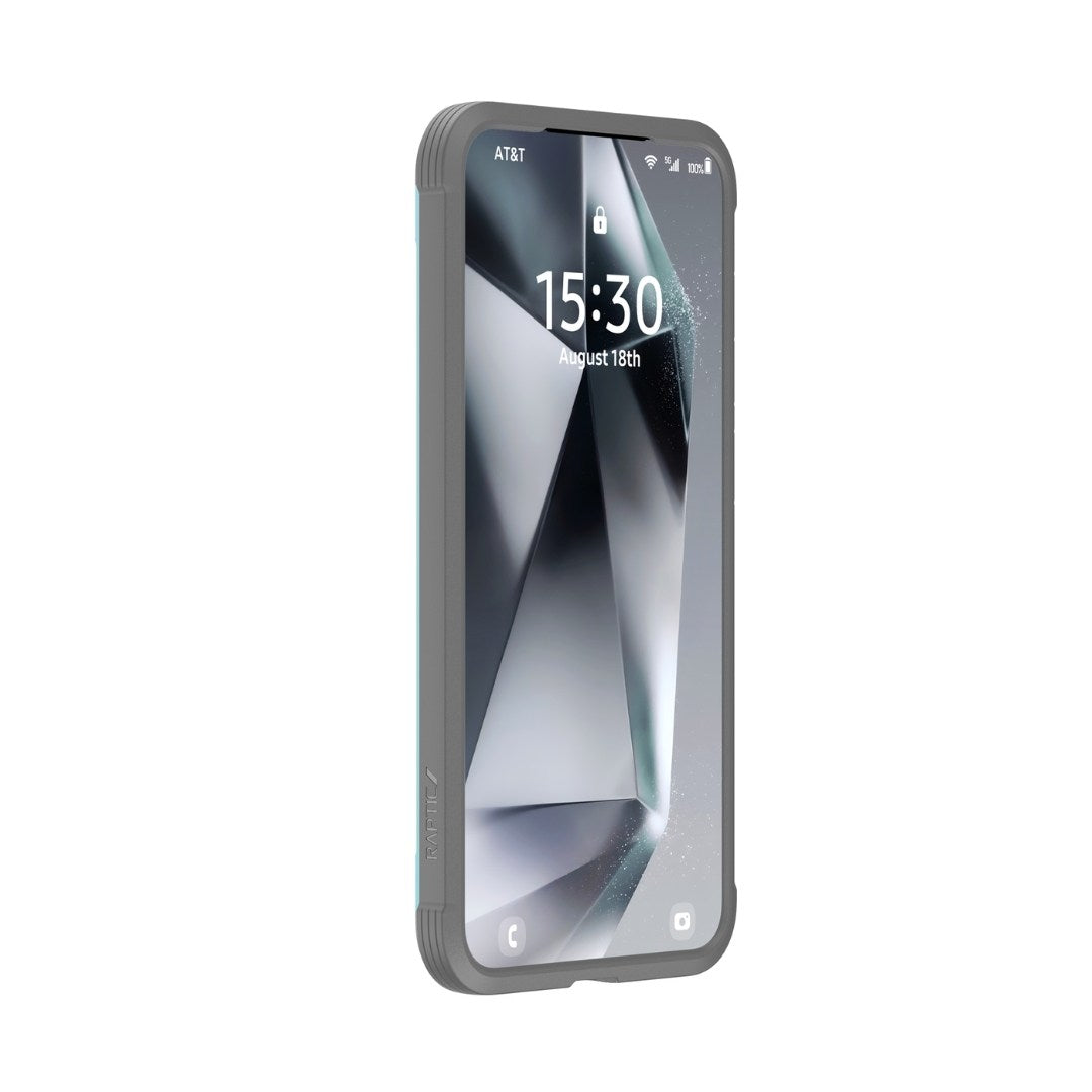 A Samsung Galaxy S25, protected by a rugged gray Raptic Samsung Galaxy S25 Case - SHIELD with military-grade drop protection and antimicrobial treatment, displays 15:30 on August 18th. The carrier is AT&T.