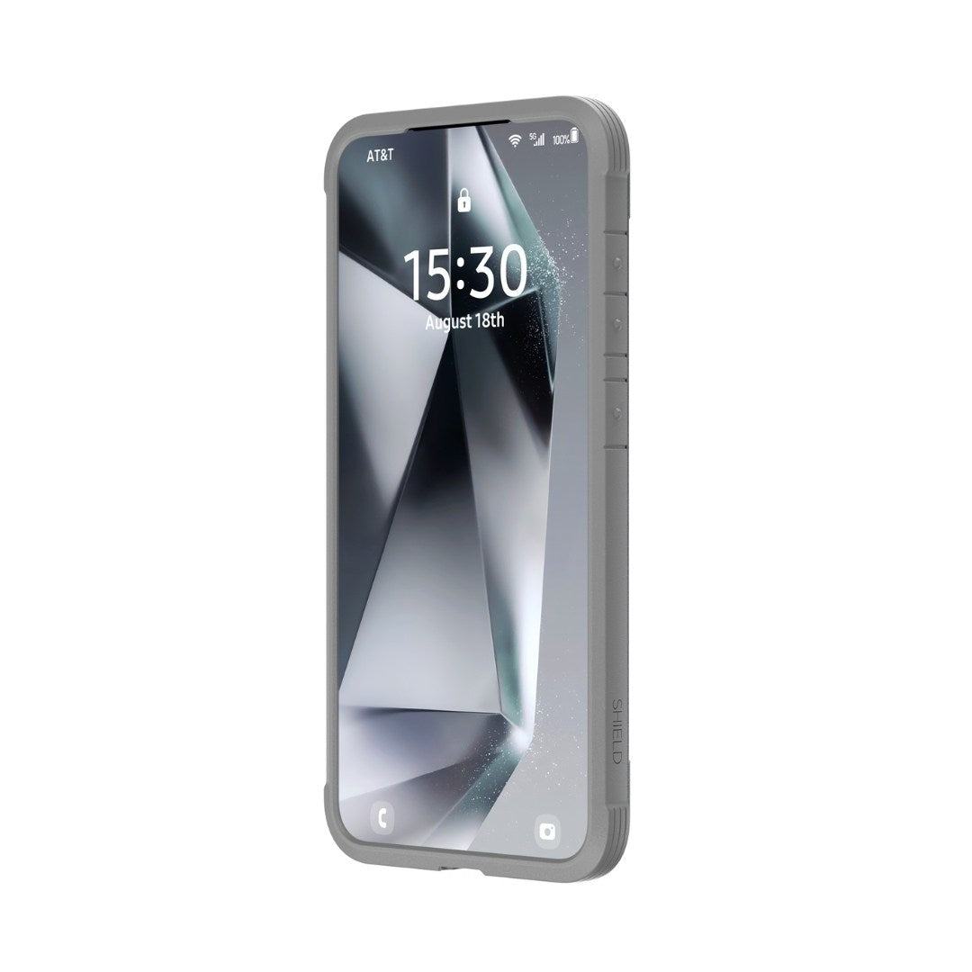 Rugged gray Raptic SHIELD Galaxy S25 case shown at an angle, phone screen displays 15:30, August 18th. It offers military-grade drop protection and antimicrobial treatment. The smartphone is connected to AT&T with a full signal and battery.