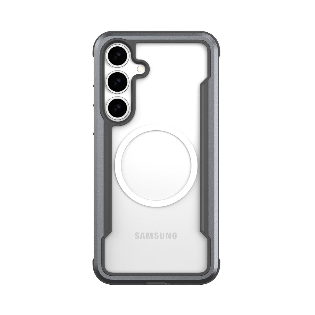 The Raptic Samsung Galaxy S25 Case - SHIELD offers a clear design with black edges, accommodates three camera cutouts, and provides military-grade drop protection.