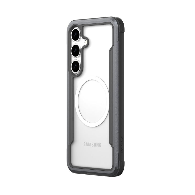 The Raptic Samsung Galaxy S25 Shield case in clear and gray has a circular magnet for military-grade drop protection, antimicrobial treatment, and three precise camera cutouts, making it stylish and durable.