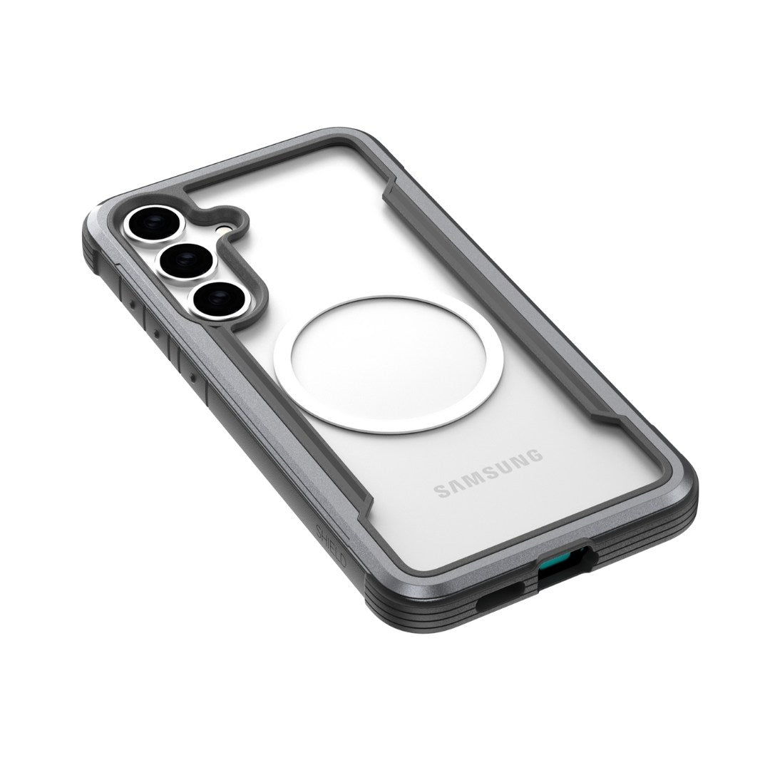 Meet the Raptic Samsung Galaxy S25 Case – SHIELD: A clear phone cover with a gray border and triple camera cutouts, crafted for Samsung devices. It boasts military-grade drop protection to guard your phone against daily impacts.