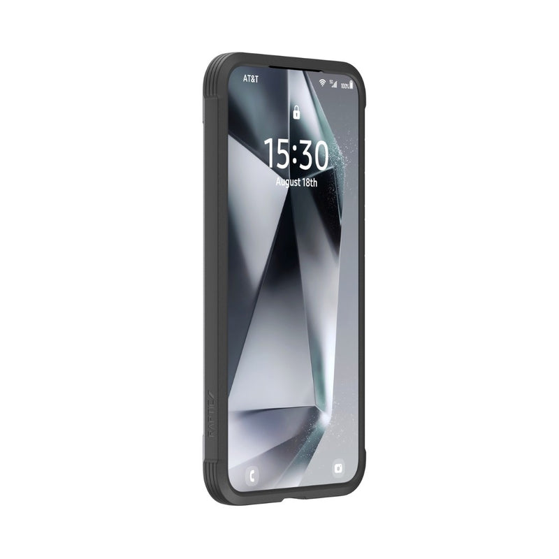 The Raptic Samsung Galaxy S25 Case - SHIELD offers military-grade drop protection in a rugged design, displaying a lock screen with the time 15:30 and date August 18th.