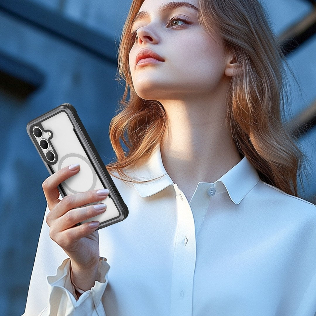 The woman in a white shirt holds a smartphone with a visible camera, encased in the Raptic Samsung Galaxy S25 SHIELD case offering military-grade drop protection.