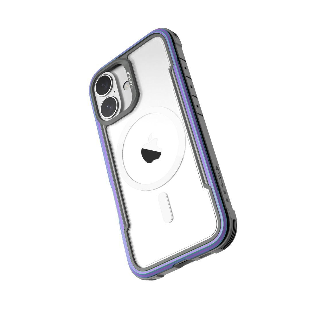 The Raptic iPhone 16 Series Case - Shield is a clear phone case with a black and blue bumper that showcases the Apple logo on the back of an iPhone 16. It meets MIL-STD-810G standards, features reinforced corners, has an integrated circular MagSafe-compatible design, and offers drop protection up to 3 meters.