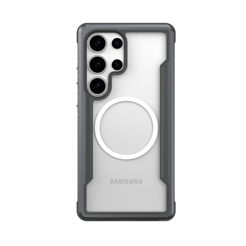 The Raptic Samsung Galaxy S25 Case - SHIELD features a transparent and gray protective design with a MagSafe-compatible circle, offers military-grade drop protection, and includes antimicrobial treatment for extra safety.