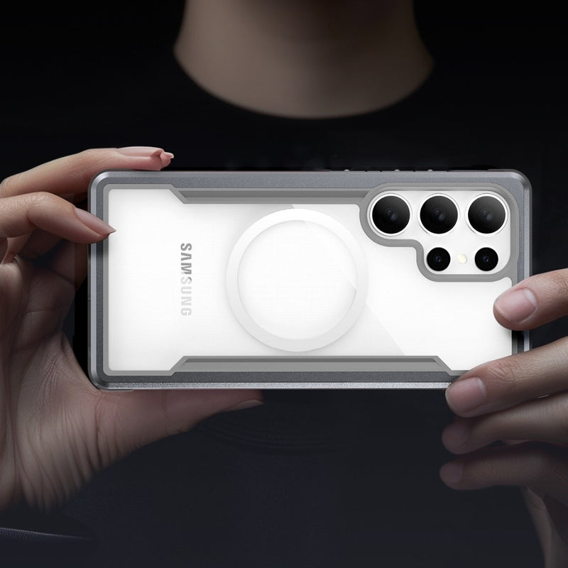 A person holds a Samsung phone horizontally, highlighting the white Raptic Samsung Galaxy S25 Case - SHIELD with four camera lenses, known for its military-grade drop protection and antimicrobial treatment.