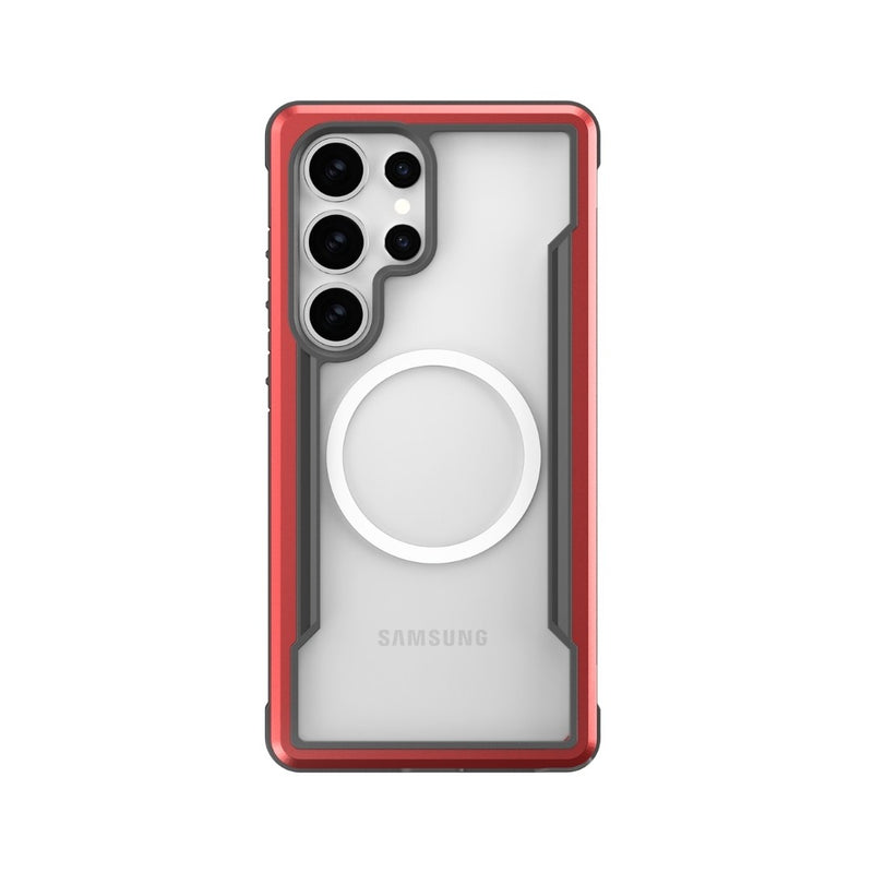 The Samsung Galaxy S25 is shown in a clear Raptic Shield case with a red border and multiple camera lenses, featuring military-grade drop protection.