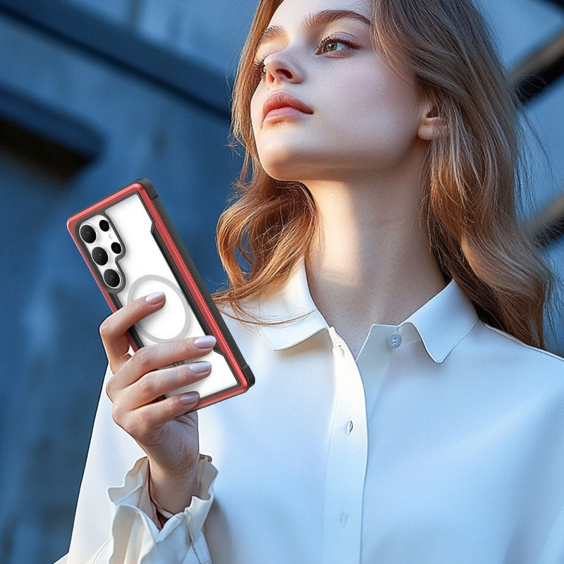 A person in a white blouse holds a Samsung Galaxy S25 shield case by Raptic, offering military-grade drop protection, and looks upwards.