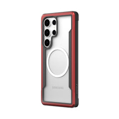 The Raptic Samsung Galaxy S25 Case - SHIELD features a red and black rugged design with a transparent back and circular pattern around the camera. It provides military-grade drop protection for durability on any adventure.