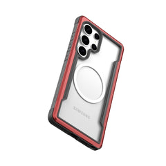 The Samsung Galaxy S25 Case - SHIELD by Raptic comes in a striking red and black, featuring a circular design on the back with multiple rear camera cutouts, and offers military-grade drop protection.