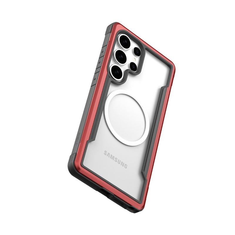 The Samsung Galaxy S25 Case - SHIELD by Raptic comes in a striking red and black, featuring a circular design on the back with multiple rear camera cutouts, and offers military-grade drop protection.