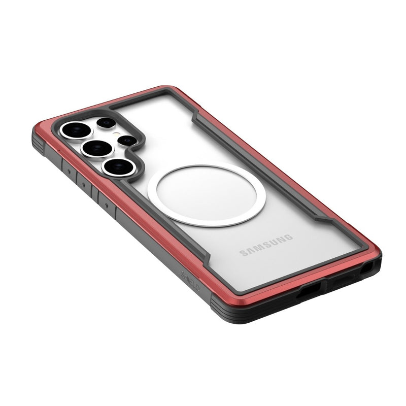 The Samsung Galaxy S25 Case - SHIELD from Raptic in red and gray offers military-grade drop protection. It features a clear back to highlight the phone, a circular MagSafe-compatible ring, and multiple camera lens openings for both style and functionality.