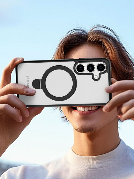 Using the horizontal circular grip of the Raptic Samsung Galaxy S25 Case - Air Stand, a person easily snaps photos while enjoying comfort and military-grade drop protection for peace of mind.