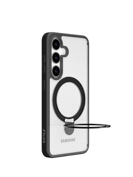 Introducing the Raptic Samsung Galaxy S25 Case - Air Stand: a transparent cover with a sleek black border, three camera cutouts, foldable ring stand, military-grade drop protection, and antimicrobial treatment for peace of mind.