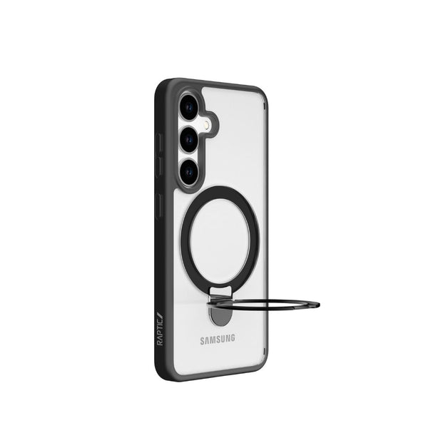 Introducing the Raptic Samsung Galaxy S25 Case - Air Stand: a transparent cover with a sleek black border, three camera cutouts, foldable ring stand, military-grade drop protection, and antimicrobial treatment for peace of mind.