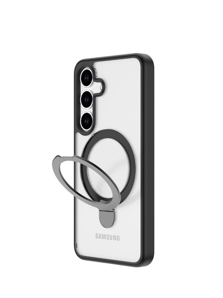 Introducing the Samsung Galaxy S25 Case - Air Stand by Raptic, featuring a sleek design with a black border and metal ring holder. This case stands upright and offers military-grade drop protection for unmatched durability.