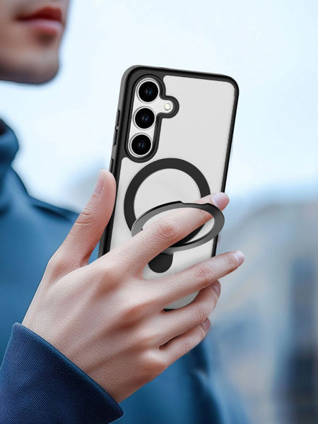 A person holds a Samsung Galaxy S25 with a Raptic Air Stand case, featuring a circular grip and military-grade drop protection. The phone boasts a triple-lens camera on the back.