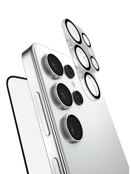 The Galaxy S25 Ultra Screen & Camera - Raptic 2 in 1, from Raptic, highlights its sleek design on a white backdrop with multi-rear cameras. Its 9H glass protector and anti-fingerprint coating maintain clarity and pristine condition even with frequent use.