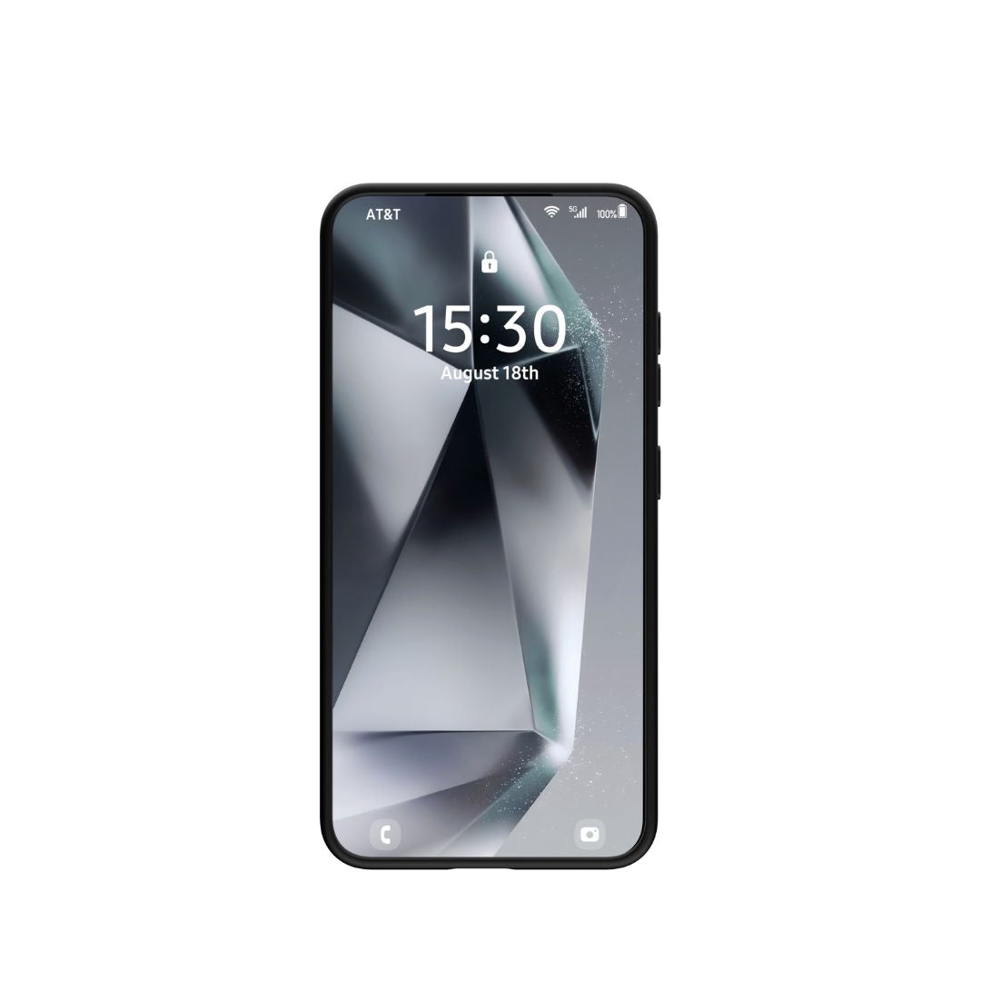 The Samsung Galaxy S25, featuring a Raptic Air Stand case with military-grade drop protection, displays a geometric wallpaper set to 15:30 on August 18th. It shows full Wi-Fi and battery icons and is connected to AT&T.