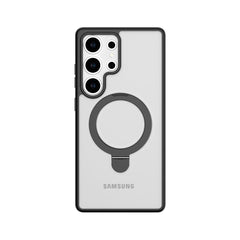 The Raptic Samsung Galaxy S25 Case - Air Stand is a clear phone case with a circular magnetic ring, designed for three camera lenses and LED flash. It offers military-grade drop protection for peace of mind.