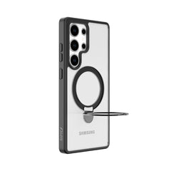 The Samsung Galaxy S25 Case - Air Stand by Raptic features a transparent design with a circular metal kickstand on the back, providing military-grade drop protection.