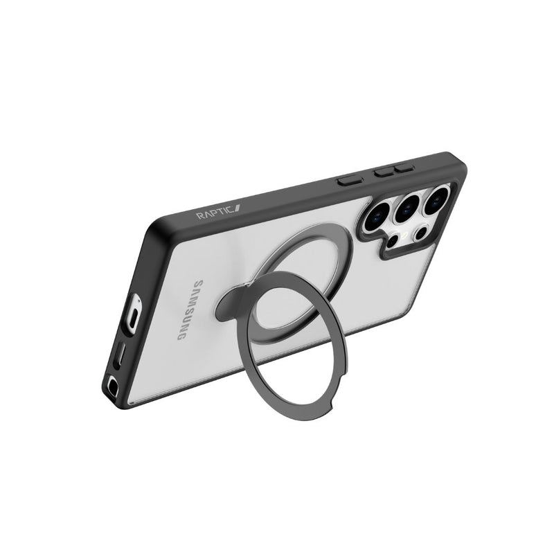 The Raptic Samsung Galaxy S25 Case - Air Stand has a clear design and circular metal ring stand, offering military-grade drop protection while elegantly showcasing your smartphone with multiple cameras.