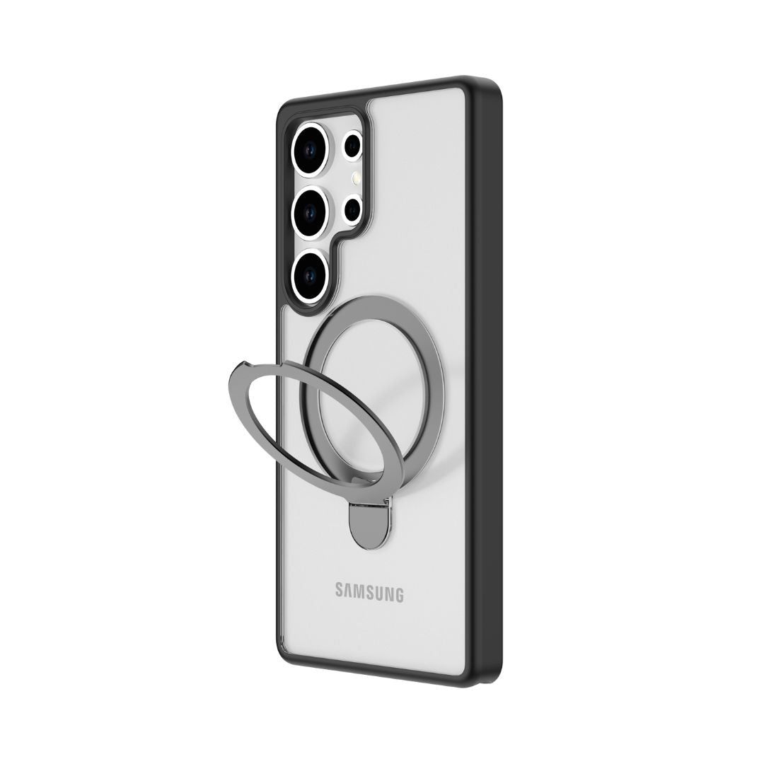 The Raptic Samsung Galaxy S25 Case - Air Stand offers military-grade drop protection. This clear case features a gray metal ring grip and precise cutouts for three cameras and a flash, tailored to suit your Samsung phone.