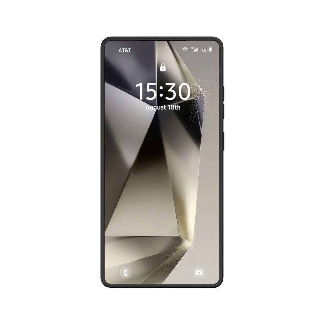 Displaying a sleek geometric wallpaper, the Samsung Galaxy S25 with AT&T network, Wi-Fi, battery status, and unlocked icon boasts military-grade drop protection from Raptic's Air Stand case for added durability. The screen shows 15:30 and August 18th.