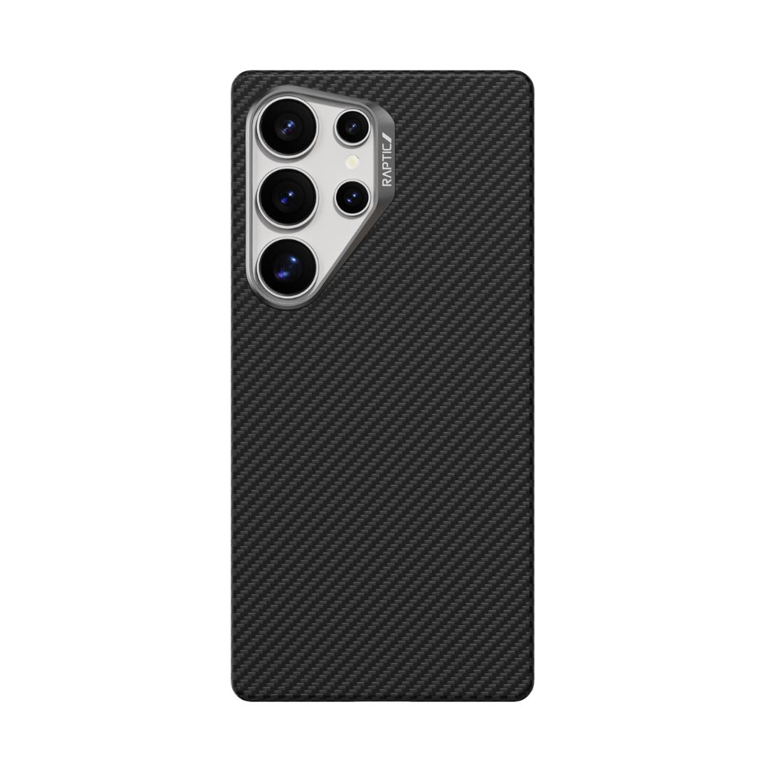 The Raptic Aramid Case for Samsung Galaxy S25 Ultra - Mondrian offers a textured carbon fiber pattern and durable aramid fiber. It features precise cutouts for four rear camera lenses and a flash, ensuring seamless style and functionality.