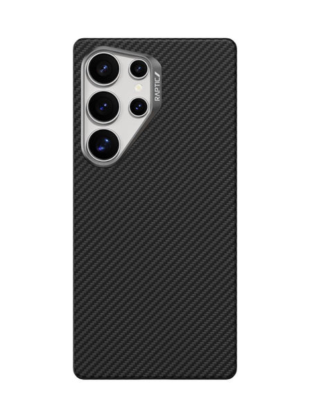The Raptic Samsung Galaxy S25 Ultra Aramid Case - Aramid 600D boasts a sleek carbon fiber texture, durable aramid fiber construction, and five camera lens openings. It's also MagSafe compatible for easy accessory attachment.