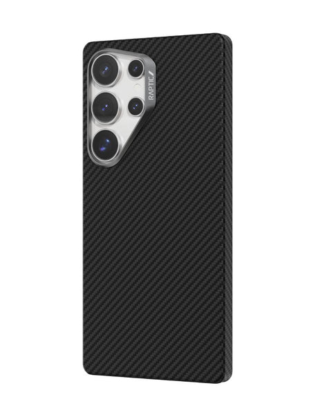 The Raptic Samsung Galaxy S25 Ultra Aramid Case—Aramid 600D—offers a sleek black aramid fiber finish with seamless MagSafe compatibility, accommodating four rear camera lenses and a flash for optimal style and functionality.