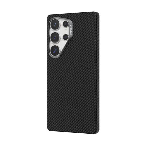 The Raptic Samsung Galaxy S25 Ultra Aramid Case—Aramid 600D—offers a sleek black aramid fiber finish with seamless MagSafe compatibility, accommodating four rear camera lenses and a flash for optimal style and functionality.