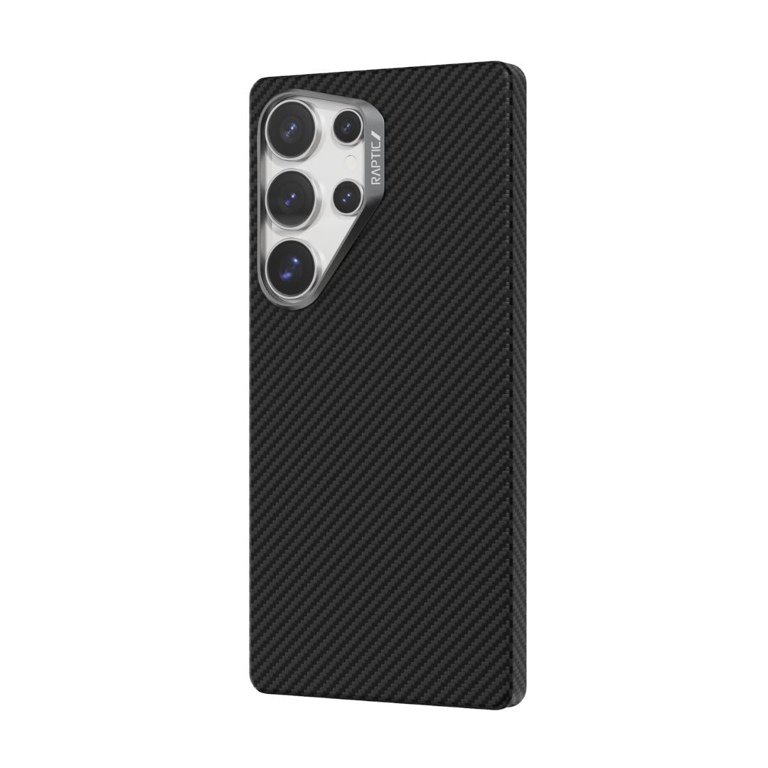 The Raptic Samsung Galaxy S25 Ultra Aramid Case—Aramid 600D—offers a sleek black aramid fiber finish with seamless MagSafe compatibility, accommodating four rear camera lenses and a flash for optimal style and functionality.