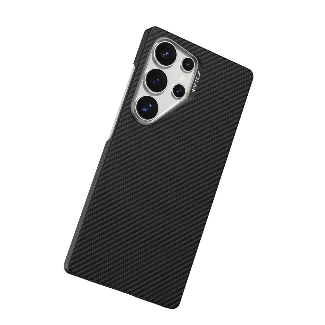 The Raptic Aramid Case for Samsung Galaxy S25 Ultra - Mondrian has a sleek, black textured design made from durable Aramid Fiber. It includes multiple camera lens openings and is MagSafe compatible for seamless accessory connectivity.