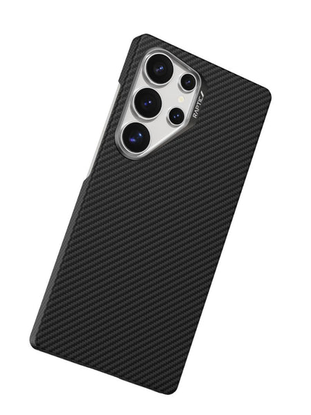 Discover the black textured Raptic Samsung Galaxy S25 Ultra Aramid 600D case, made with aramid fiber for exceptional durability and style. Featuring multiple camera lens openings and MagSafe compatibility, it ensures seamless connectivity and device protection.