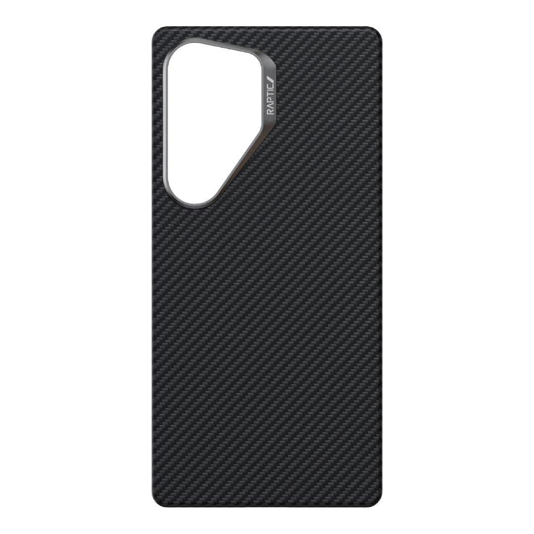 The Raptic Aramid Case for Samsung Galaxy S25 Ultra - Mondrian is a sleek black cover designed with a precise camera cutout and MagSafe compatibility.