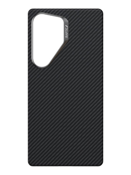 The Raptic Samsung Galaxy S25 Ultra Aramid Case features a sleek black carbon fiber pattern, an aramid 600D finish, and a large, uniquely shaped camera cutout at the top left. It is MagSafe compatible for seamless connectivity.