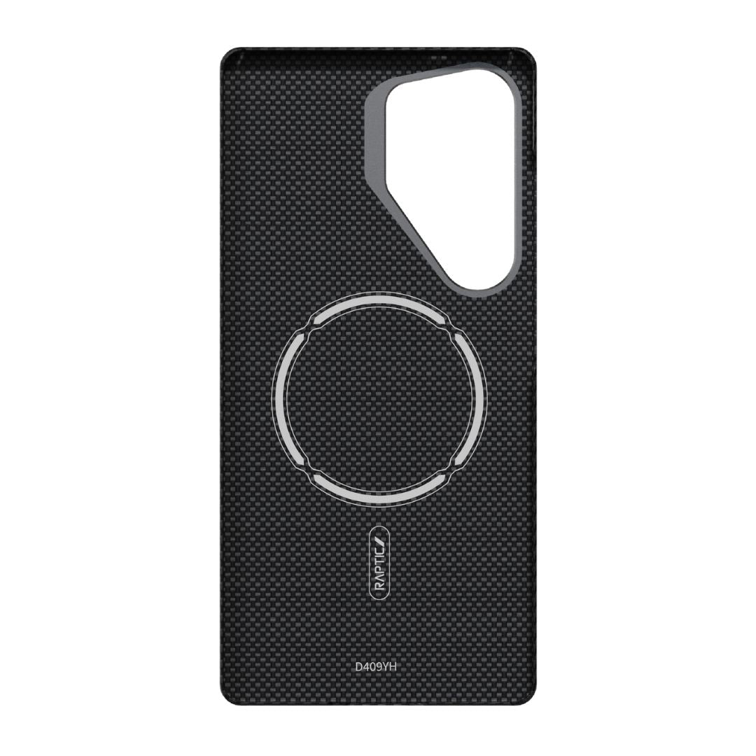 Black Aramid Case for Samsung Galaxy S25 Ultra by Raptic featuring textured finish, circular MagSafe-compatible magnetic ring, and large corner camera cutout.