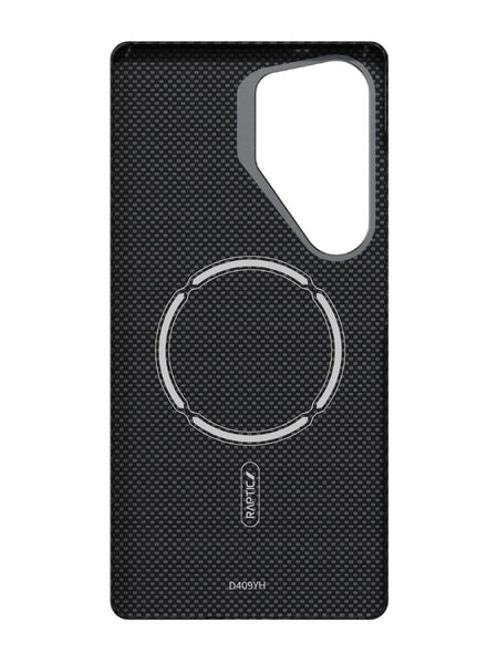 Raptic's Samsung Galaxy S25 Ultra Aramid Case features a black textured finish, large camera cutout, and sleek circular design in the center. It's MagSafe compatible for seamless connectivity.