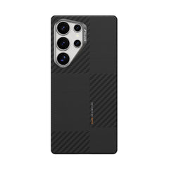 The smartphone is equipped with the Raptic Aramid Case for Samsung Galaxy S25 Ultra, featuring a textured black carbon fiber finish with a geometric pattern. It includes multiple camera lenses on the top left and offers seamless MagSafe compatibility.