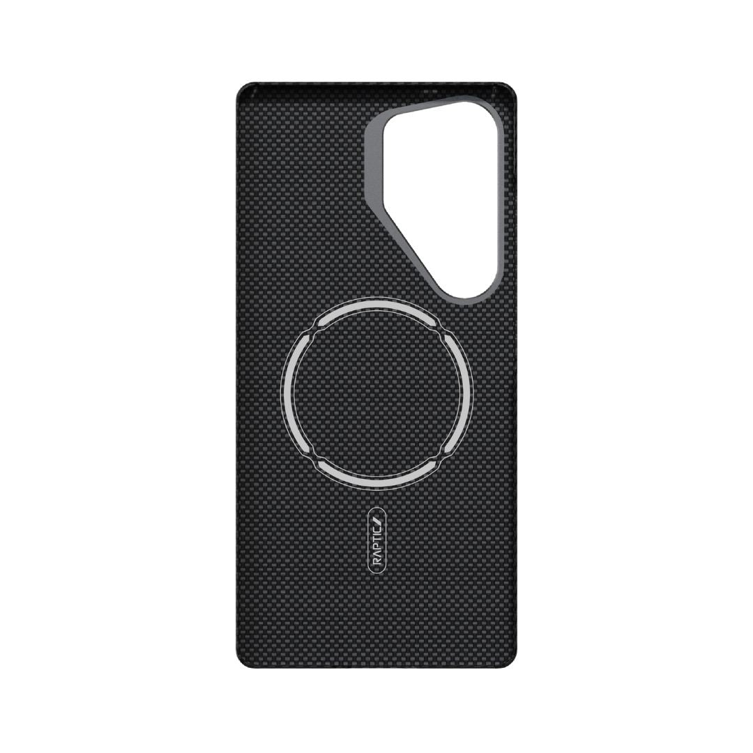 The Raptic Aramid Case for Samsung Galaxy S25 Ultra - Mondrian is a black textured design with a ring, durable Aramid Fiber construction, and precise camera cut-out.