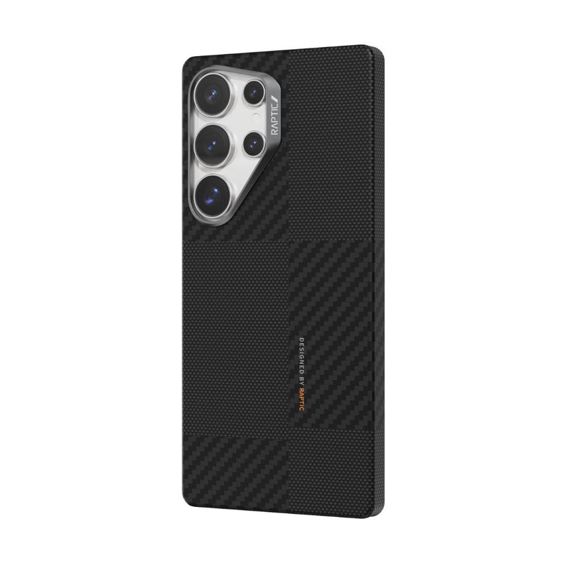 The Raptic Samsung Galaxy S25 Ultra Aramid 600D case combines style and durability with its textured gray and black design, featuring three rear cameras and a flash.