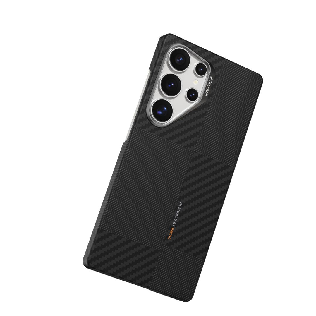 The Raptic Aramid Case for Samsung Galaxy S25 Ultra, known as Mondrian, boasts a sleek black design with textured accents and four visible camera lenses. It is also MagSafe compatible for seamless connectivity.